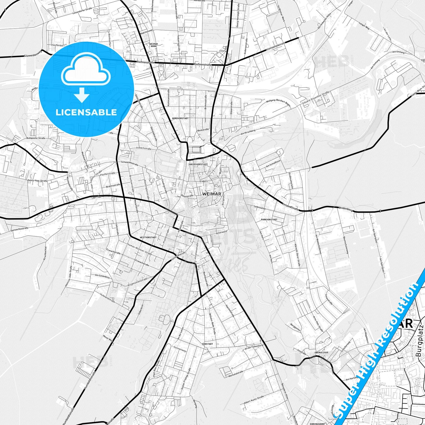 Weimar, Germany Light Map with Street Names, City Names, and Districts