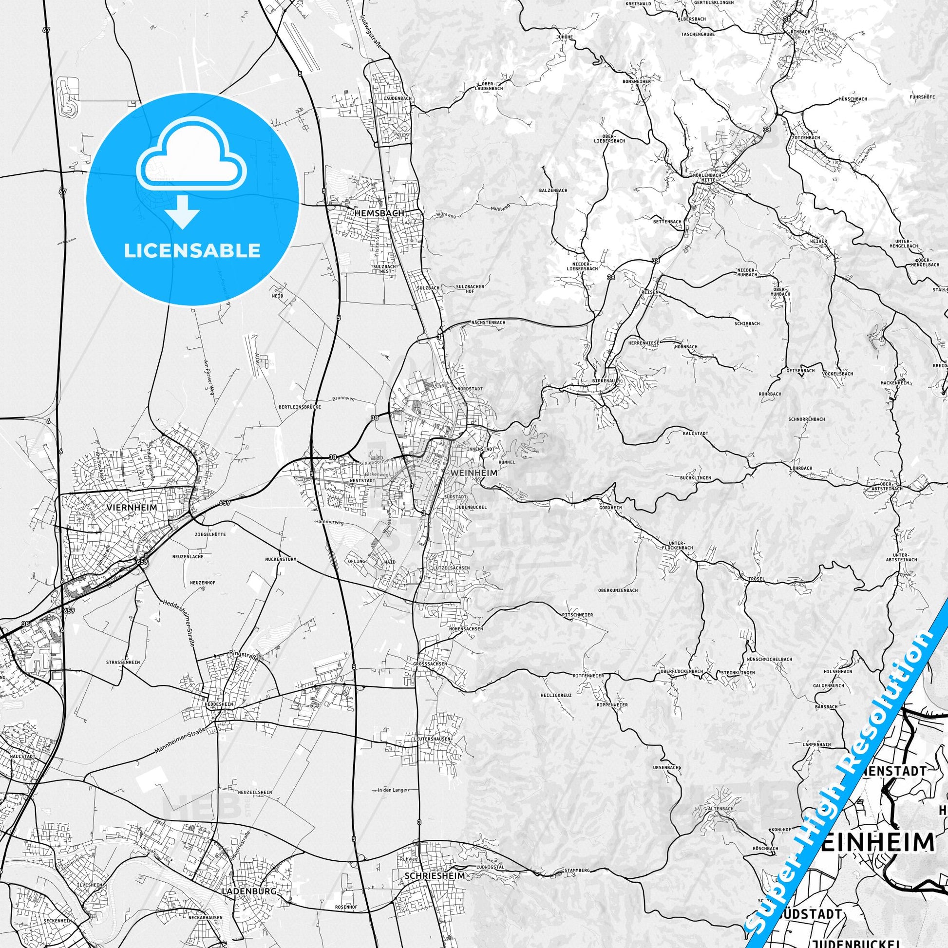 Weinheim, Germany light map with streetnames, citynames and districts