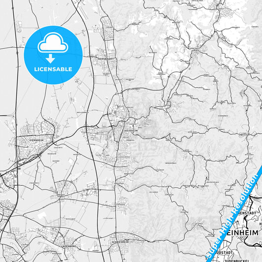 Weinheim, Germany light map with streetnames, citynames and districts