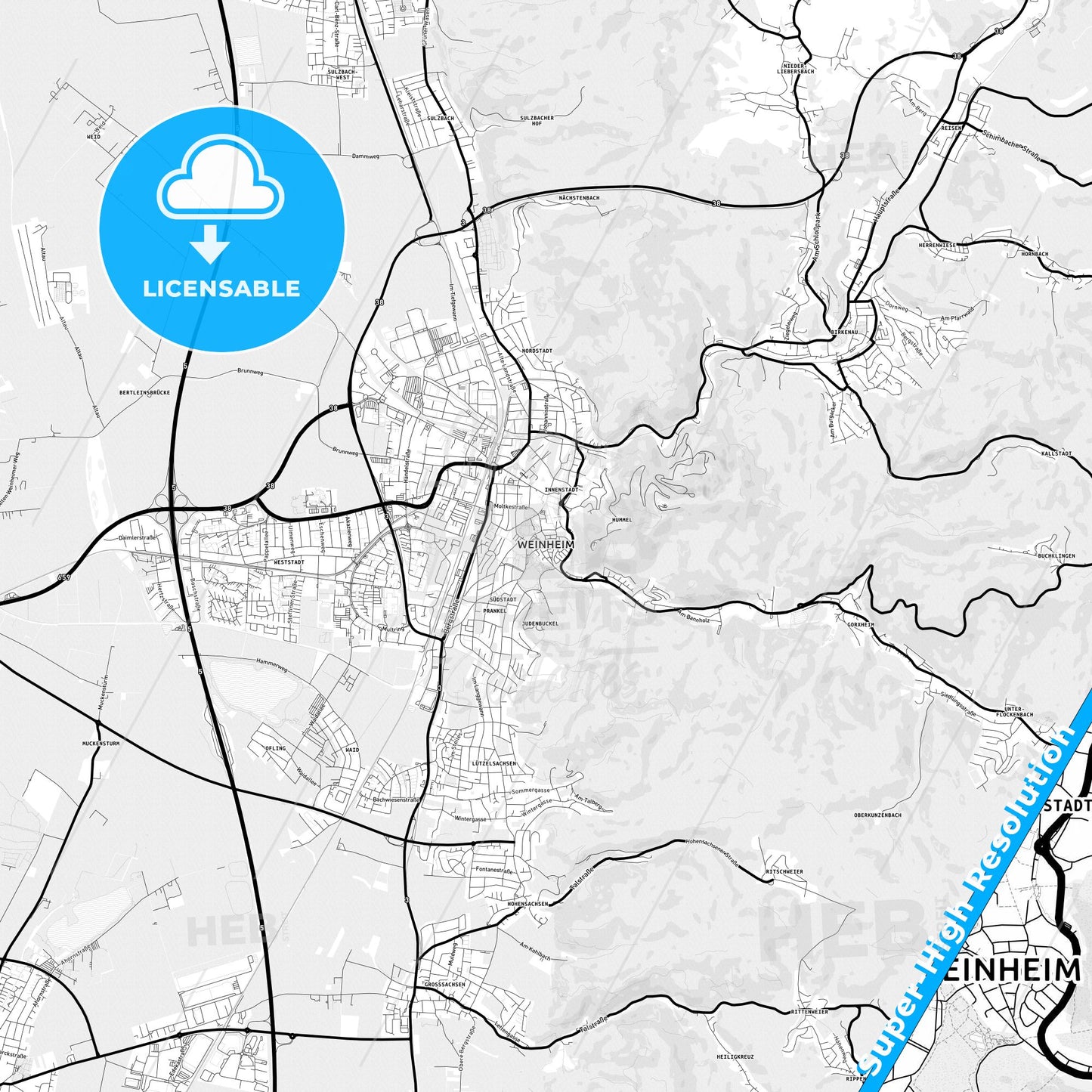 Weinheim, Germany Light Map with Street Names, City Names, and Districts