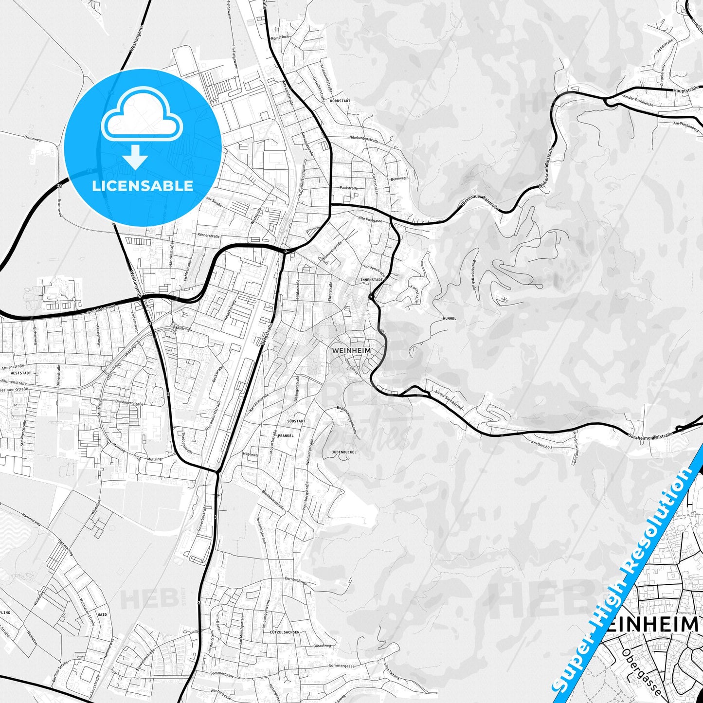 Weinheim, Germany Light Map with Street Names, City Names, and Districts
