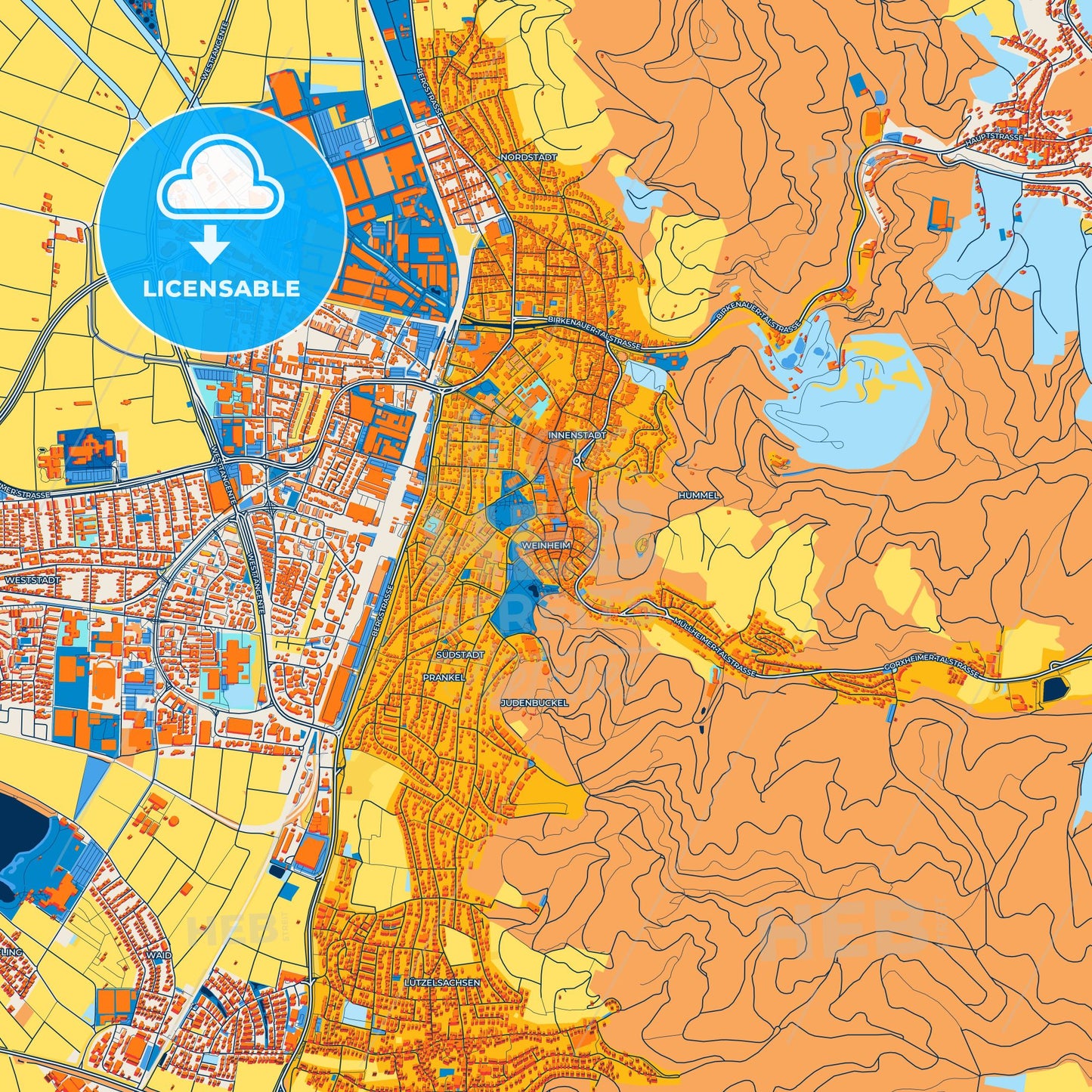 Colorful Weinheim Street Map with Labels and Buildings
