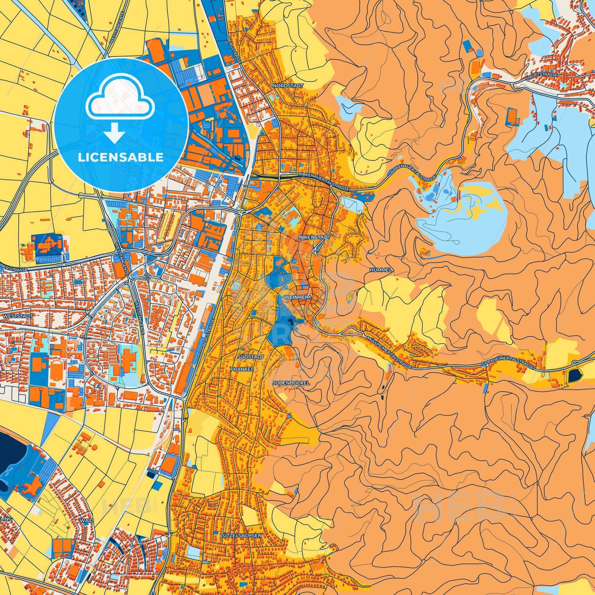 Colorful Weinheim Street Map with Labels and Buildings