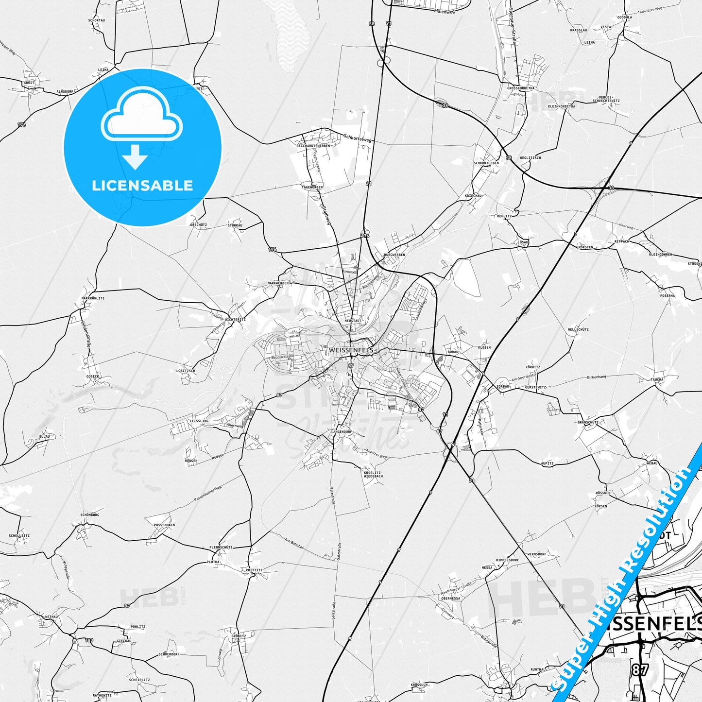 Weißenfels, Germany light map with streetnames, citynames and districts