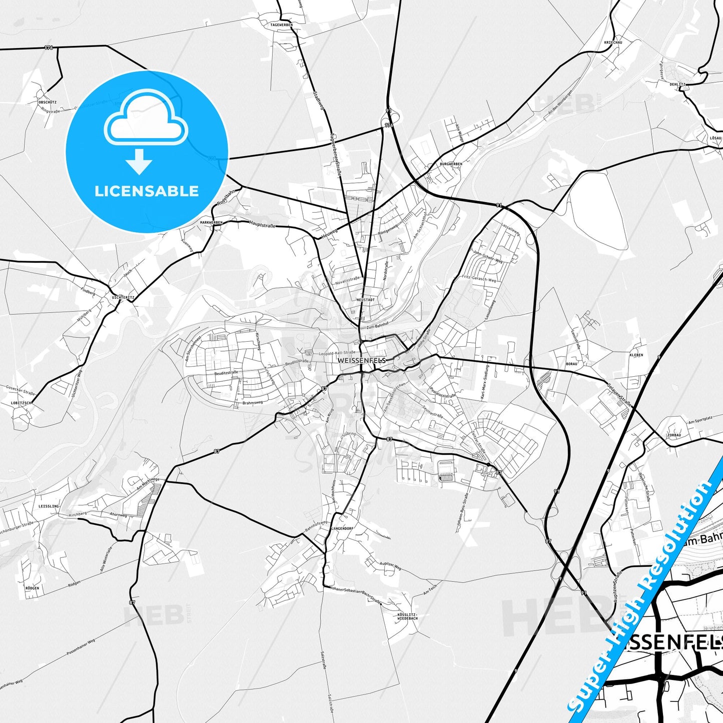 Weißenfels, Germany Light Map with Street Names, City Names, and Districts