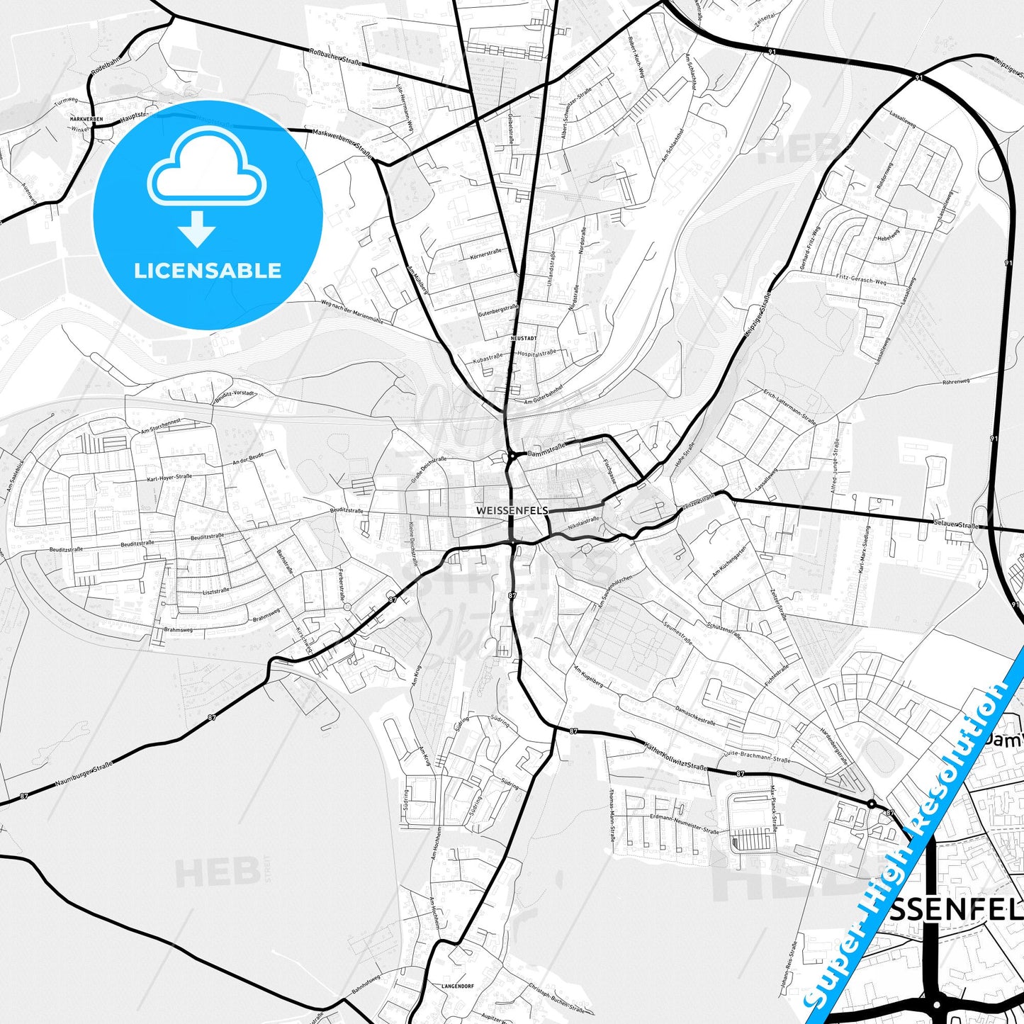 Weißenfels, Germany Light Map with Street Names, City Names, and Districts