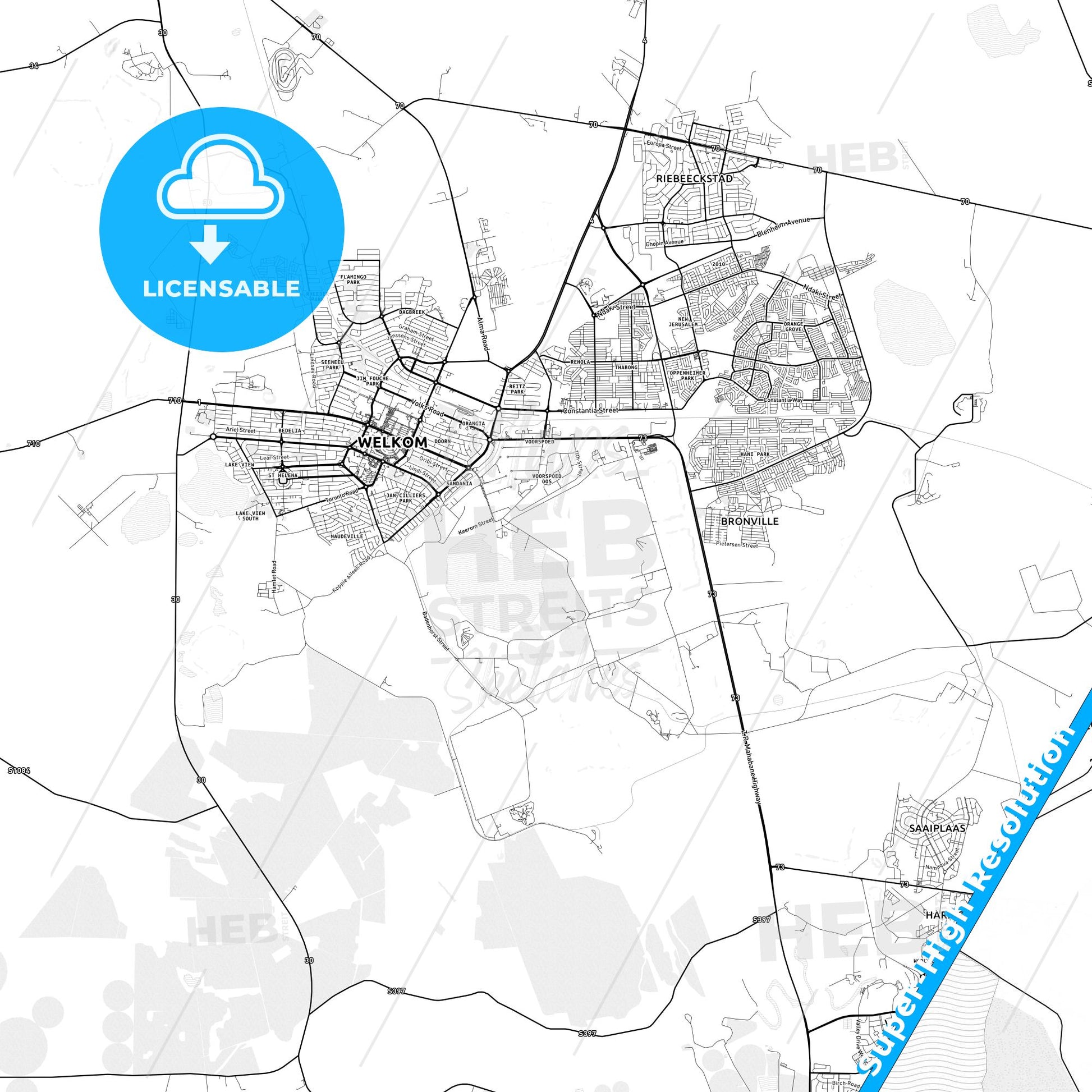 Welkom, South Africa light map with streetnames, citynames and districts