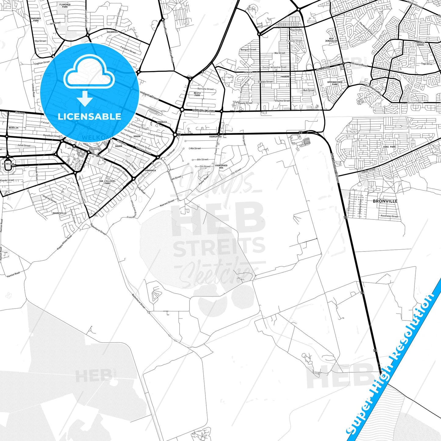 Welkom, South Africa Light Map with Street Names, City Names, and Districts