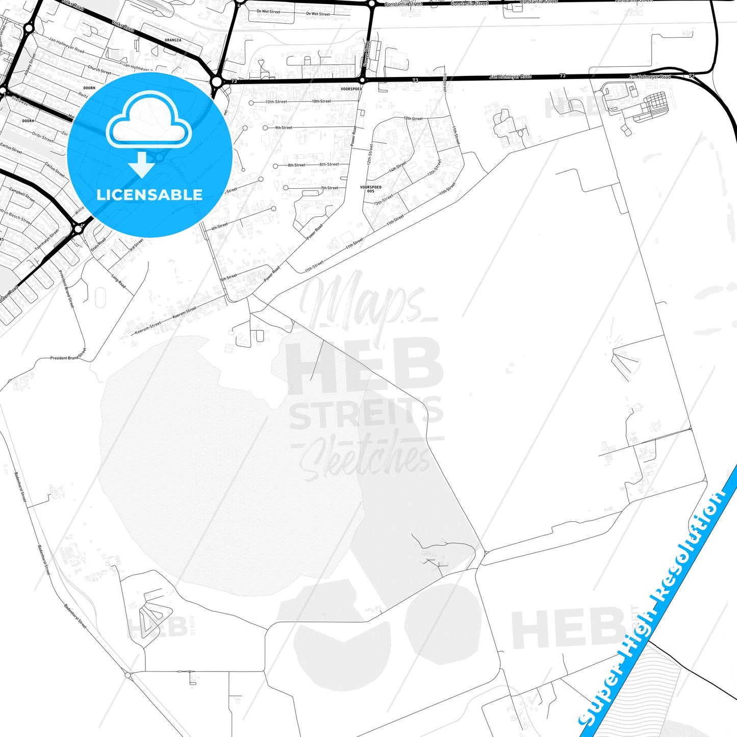 Welkom, South Africa Light Map with Street Names, City Names, and Districts