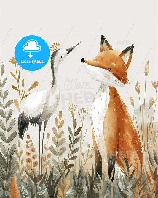 Enchanting watercolor painting featuring a smiling fox and a happy crane bird in a surreal meadow, inspired by Swedish art, Mexican and American cultures, and medieval themes, showcasing the beauty of nature, fantasy, and culture