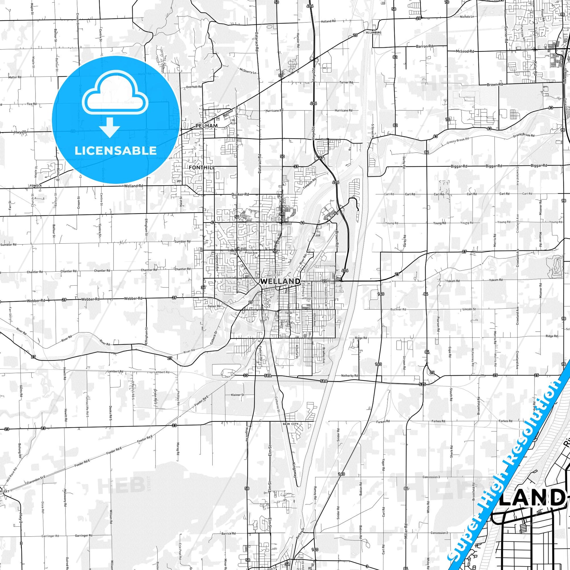 Welland, Canada light map with streetnames, citynames and districts