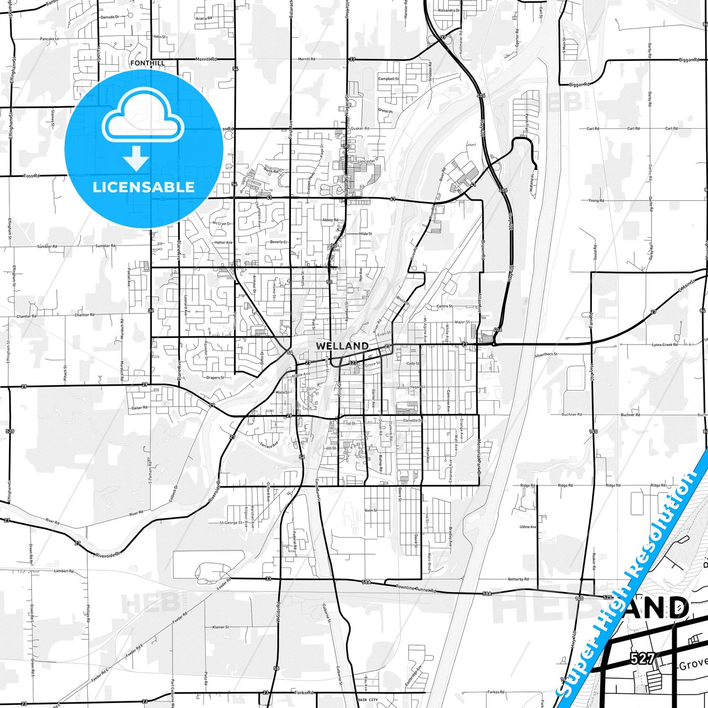 Welland, Canada Light Map with Street Names, City Names, and Districts