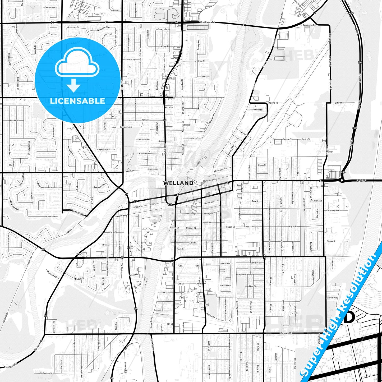 Welland, Canada Light Map with Street Names, City Names, and Districts