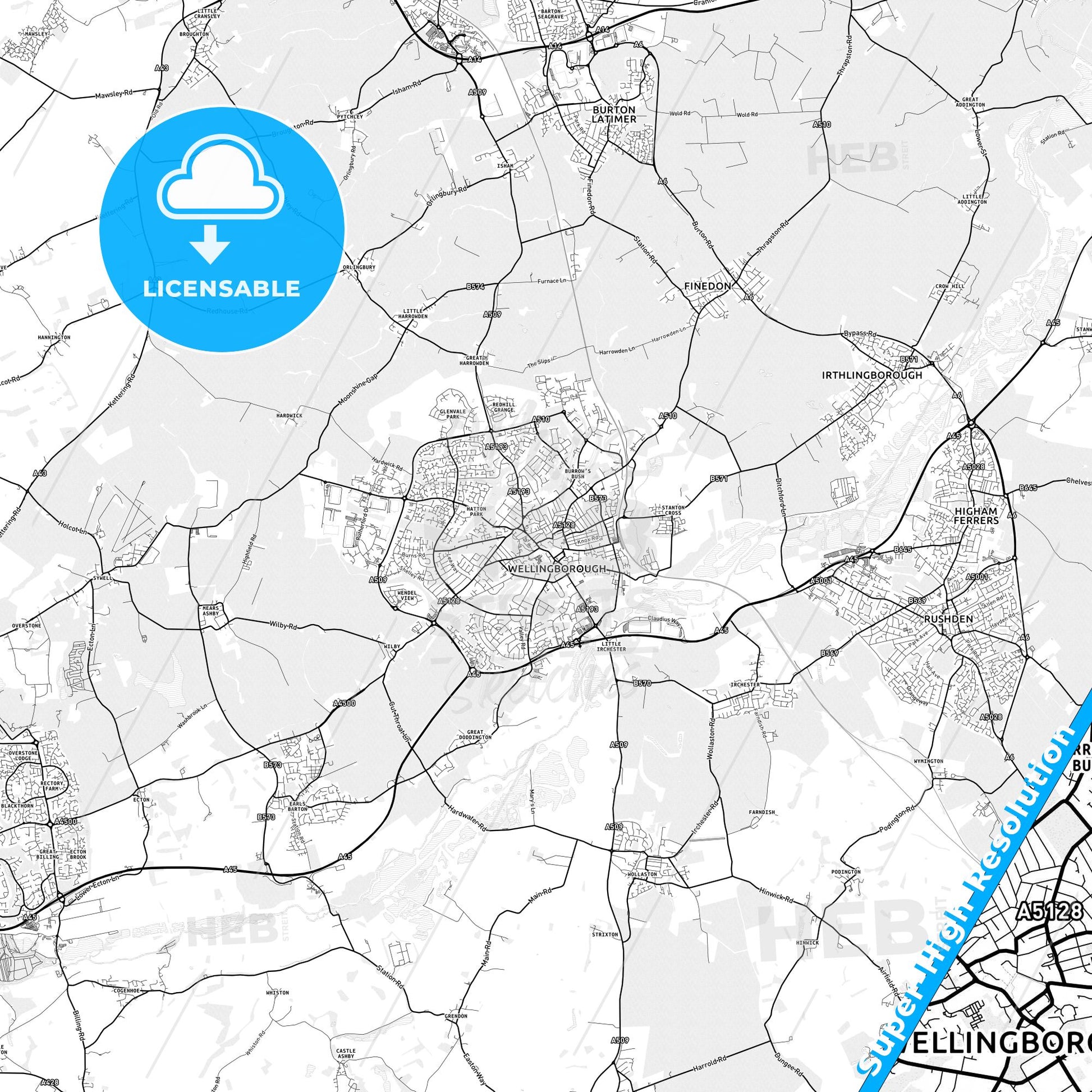 Wellingborough, England light map with streetnames, citynames and districts