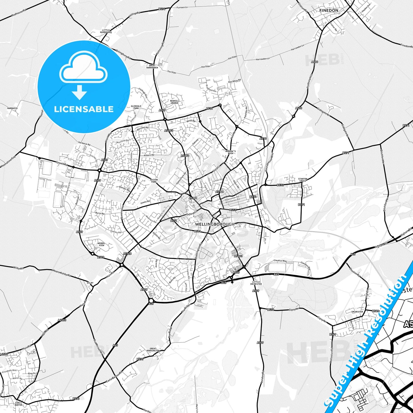Wellingborough, England Light Map with Street Names, City Names, and Districts