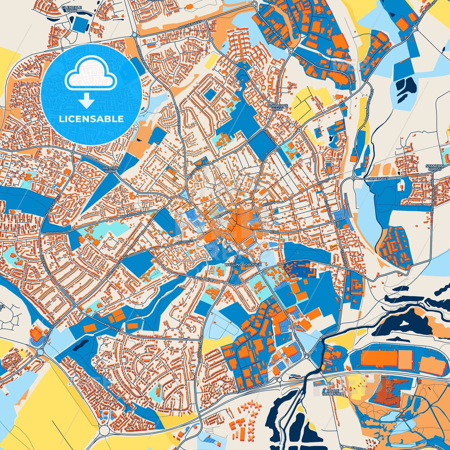 Colorful Wellingborough Street Map with Labels and Buildings
