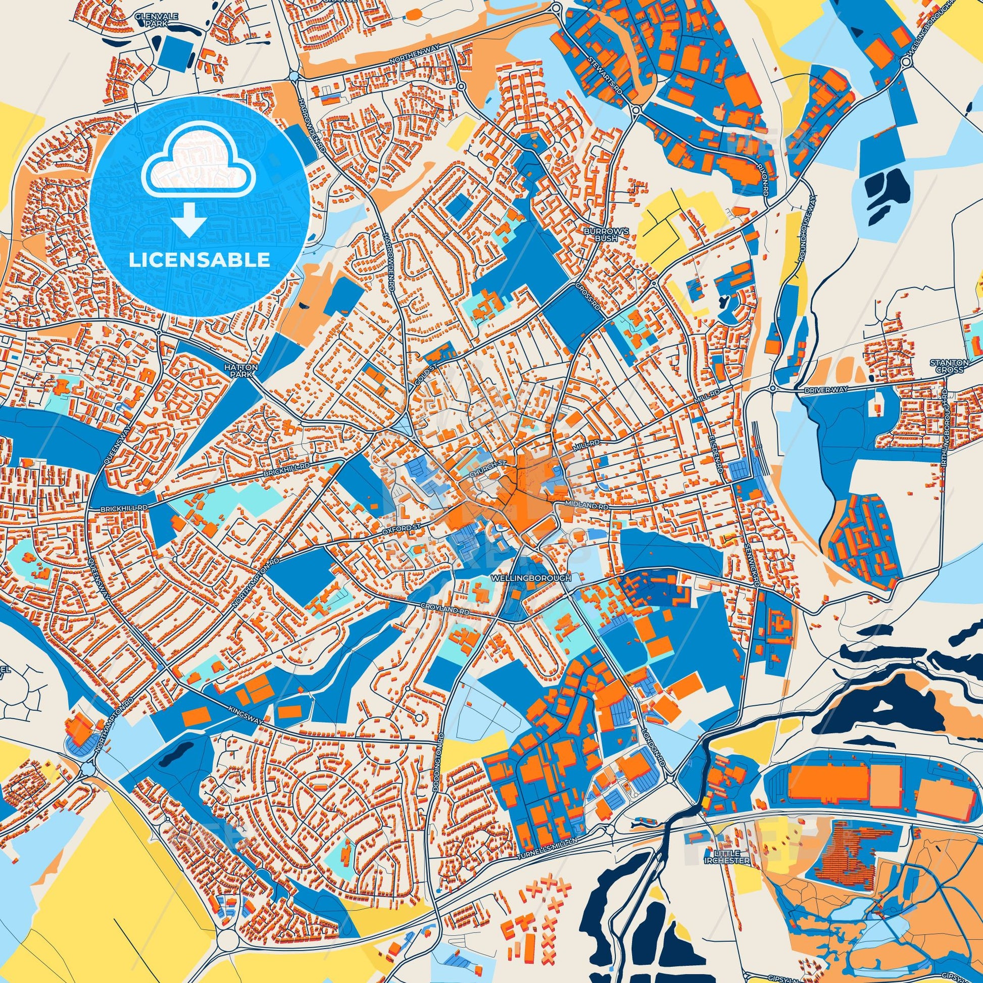 Colorful Wellingborough Street Map with Labels and Buildings