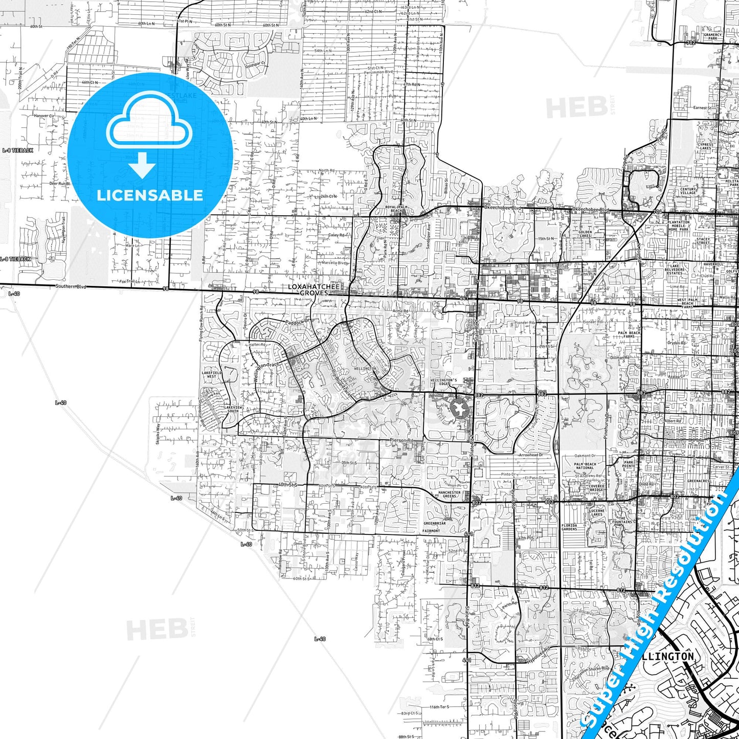 Wellington, Florida light map with streetnames, citynames and districts