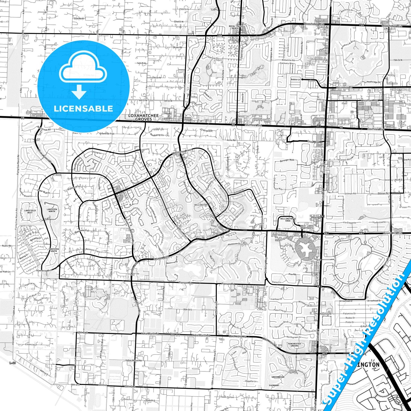 Wellington, Florida Light Map with Street Names, City Names, and Districts