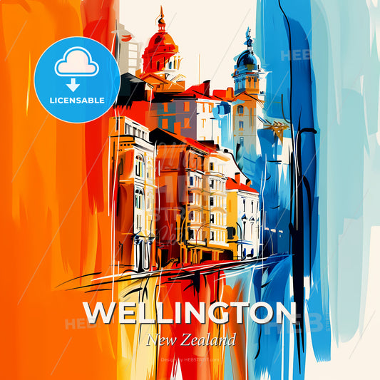 Vibrant Wellington, New Zealand - A Painting Of Buildings And A Street - Square format print template