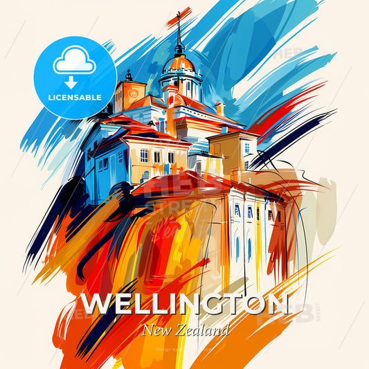 Vibrant Wellington, New Zealand - A Painting Of A Building - Square format print template