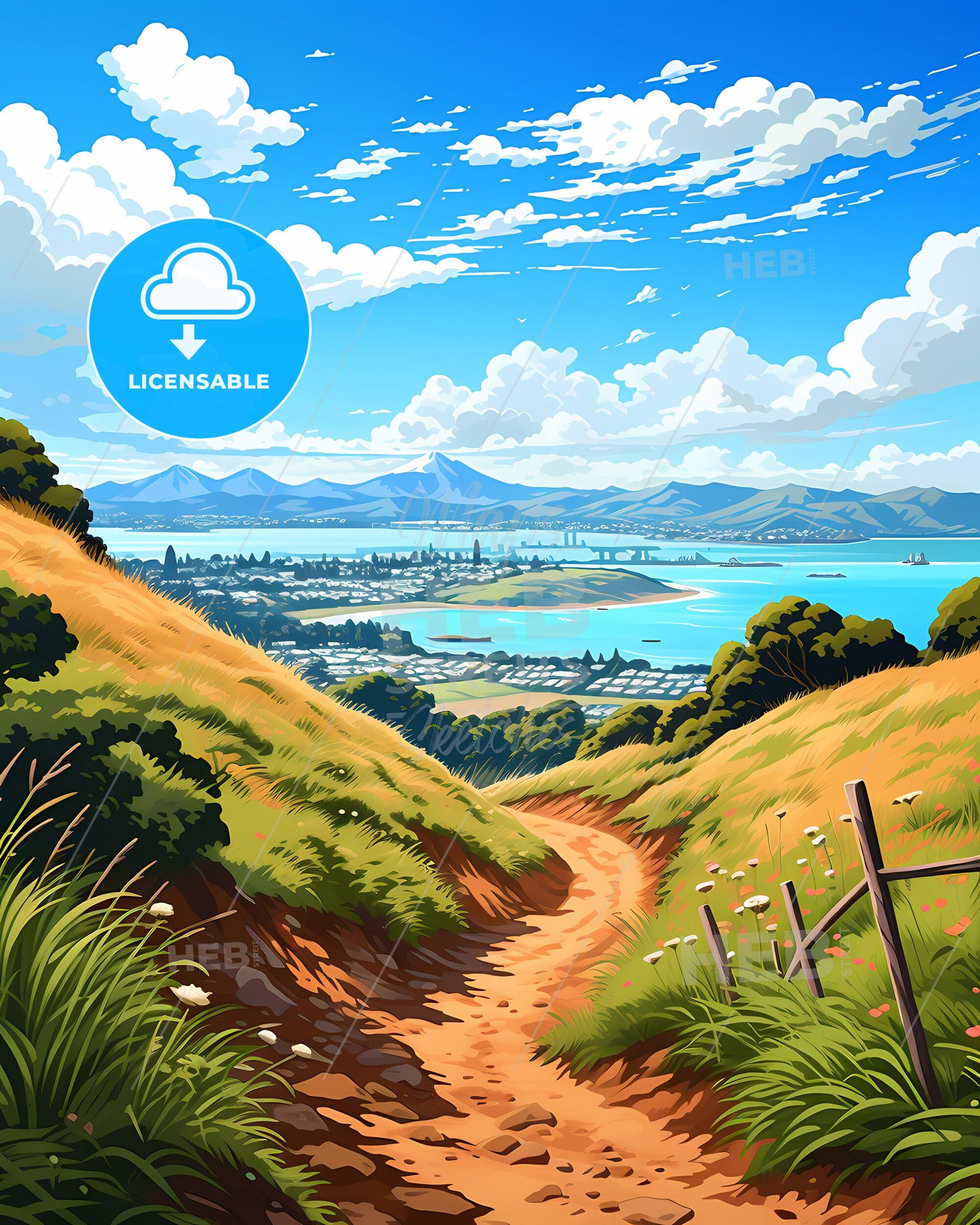 Vibrant Painting of Wellington Skyline: Hilltop Path, City Panorama, and Turquoise Waters