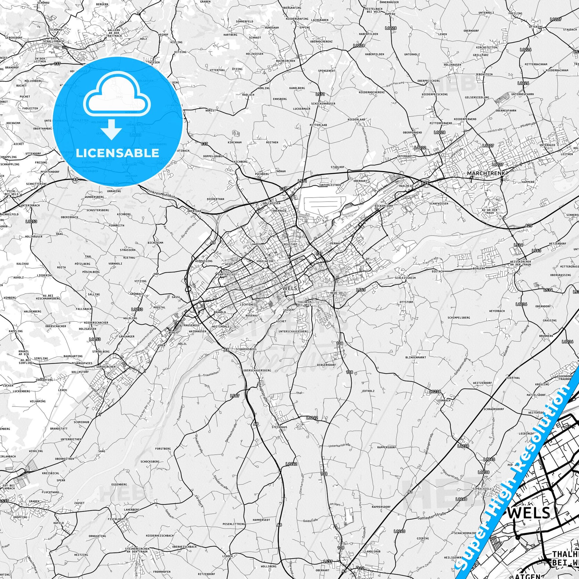 Wels, Austria light map with streetnames, citynames and districts