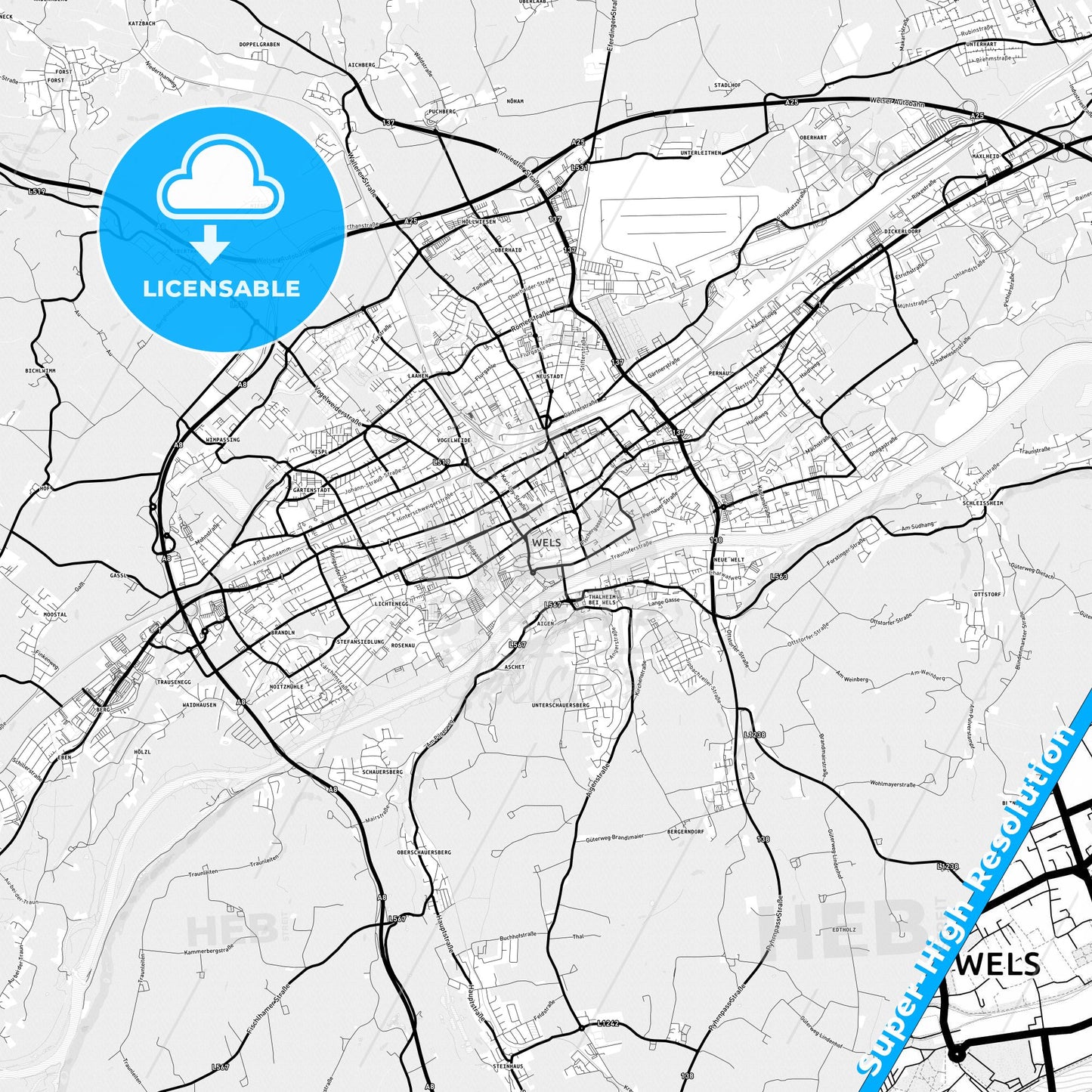 Wels, Austria Light Map with Street Names, City Names, and Districts