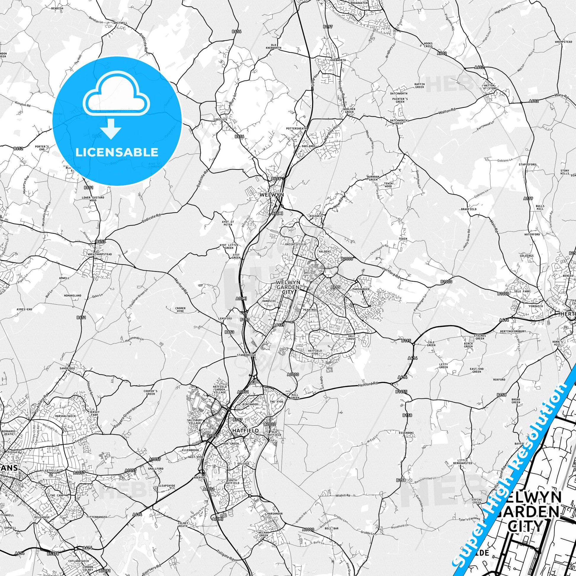 Welwyn Garden City, England light map with streetnames, citynames and districts