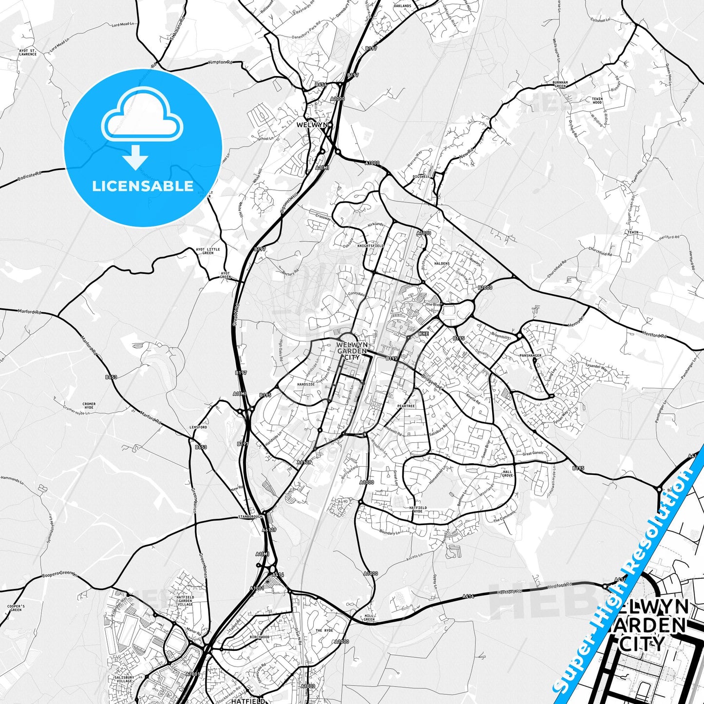 Welwyn Garden City, England Light Map with Street Names, City Names, and Districts