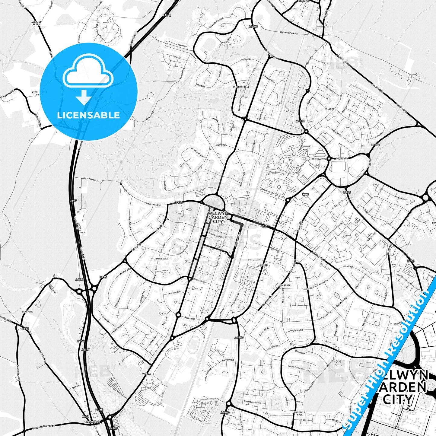 Welwyn Garden City, England Light Map with Street Names, City Names, and Districts