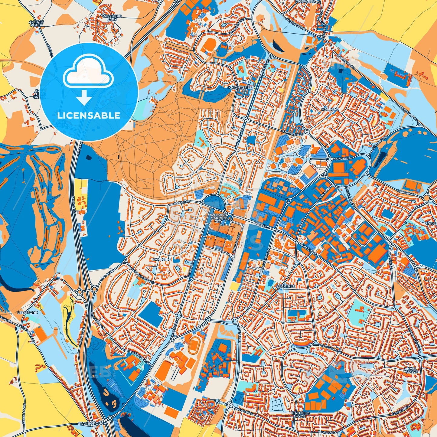 Colorful Welwyn Garden City Street Map with Labels and Buildings