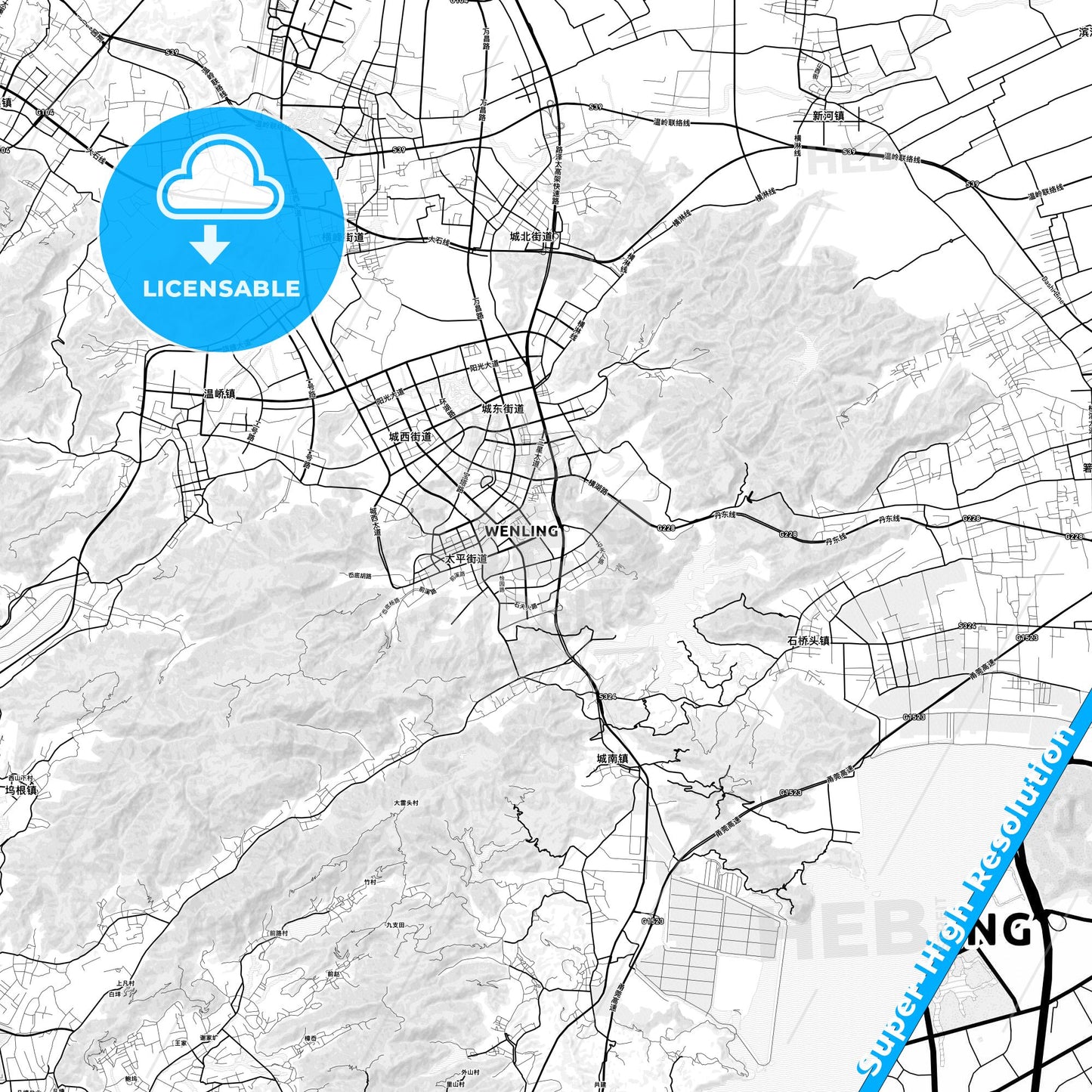 Wenling, China light map with streetnames, citynames and districts