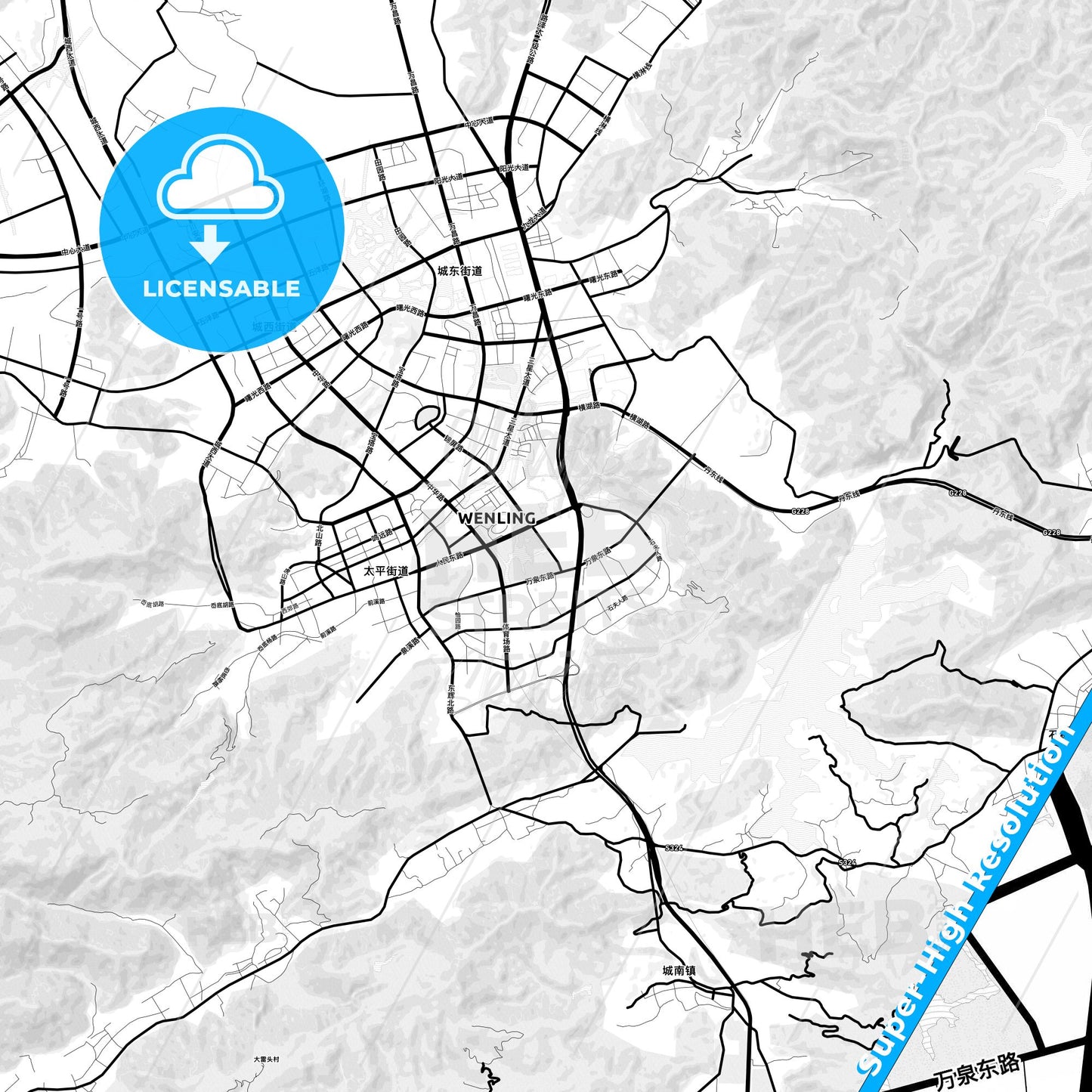 Wenling, China Light Map with Street Names, City Names, and Districts