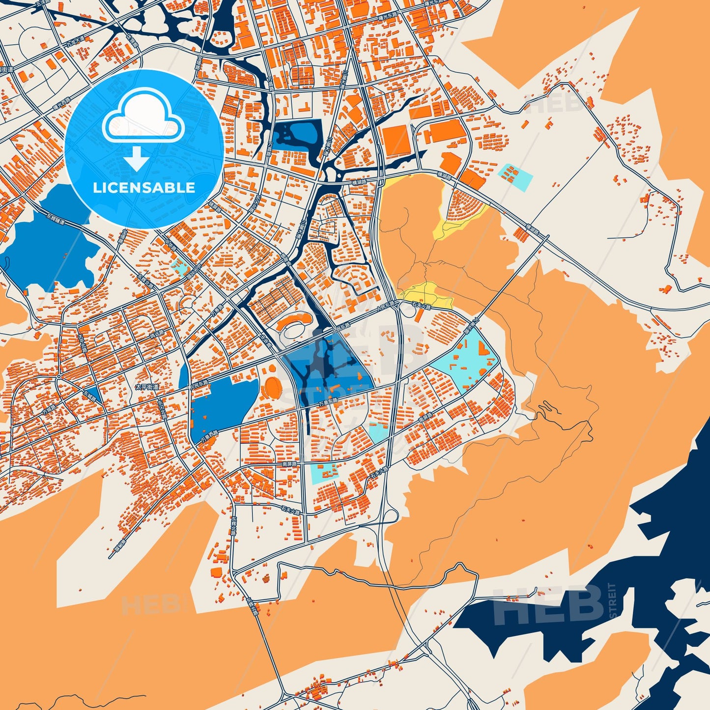 Colorful Wenling Street Map with Labels and Buildings