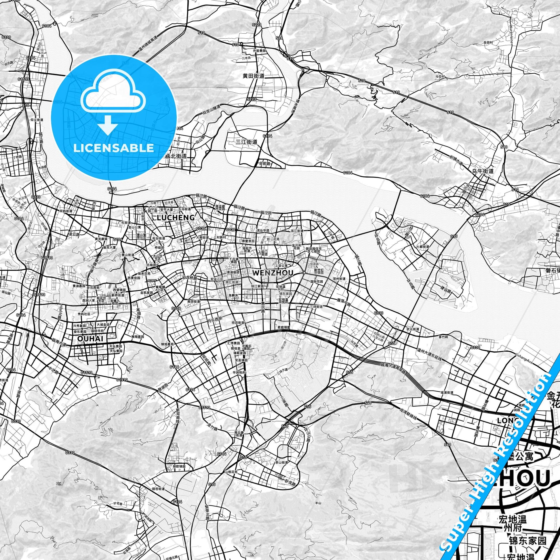 Wenzhou, China light map with streetnames, citynames and districts