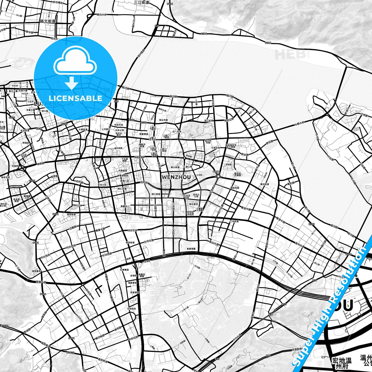 Wenzhou, China Light Map with Street Names, City Names, and Districts