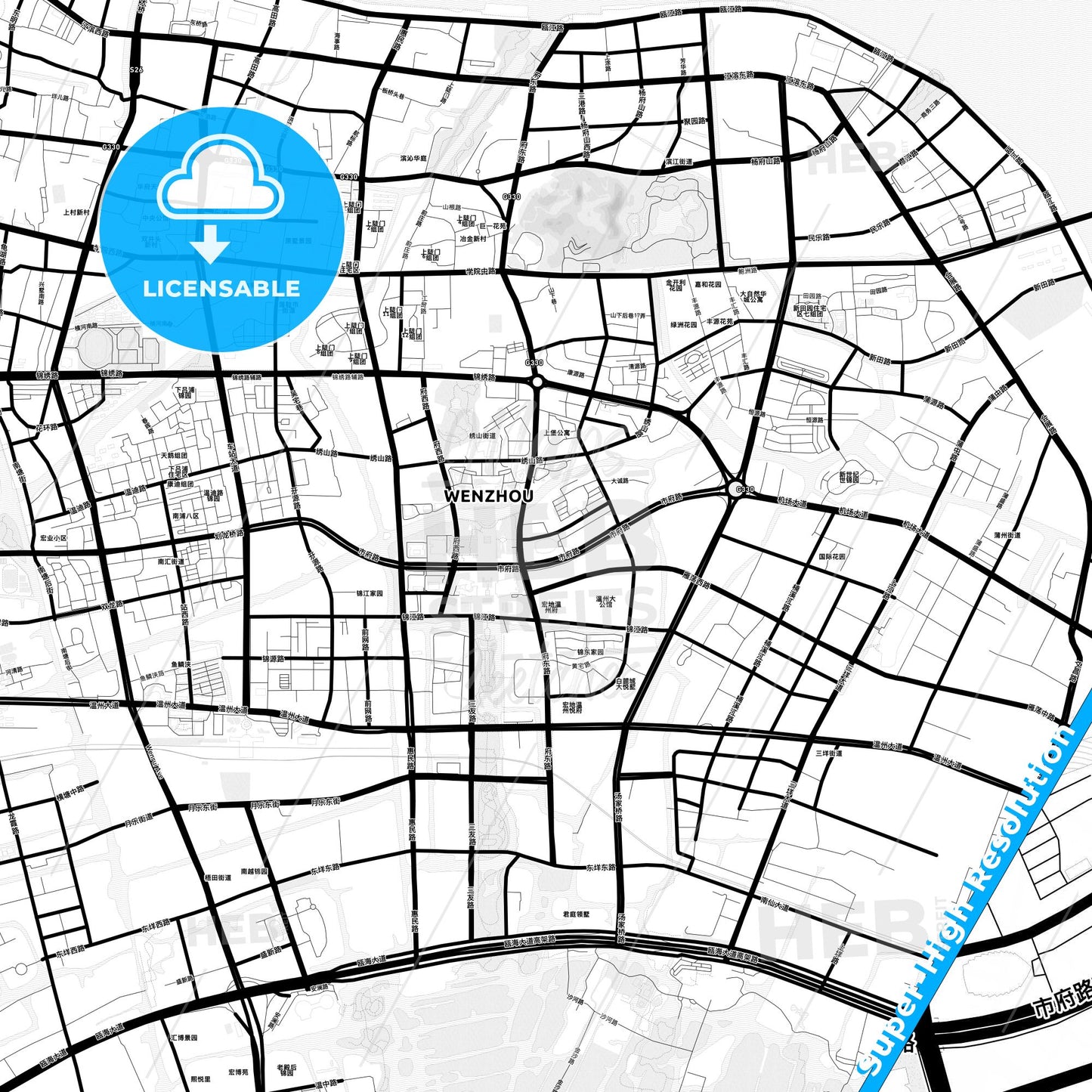 Wenzhou, China Light Map with Street Names, City Names, and Districts