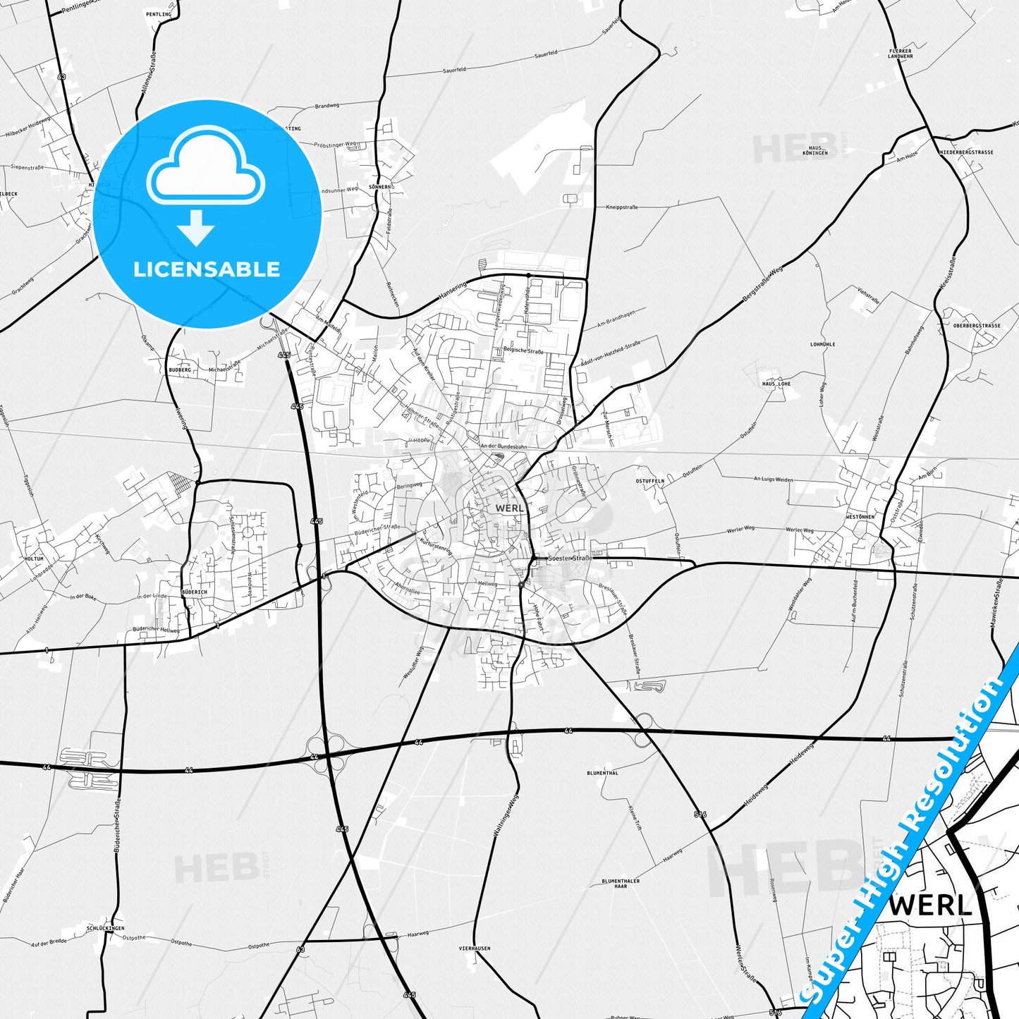 Werl, Germany Light Map with Street Names, City Names, and Districts