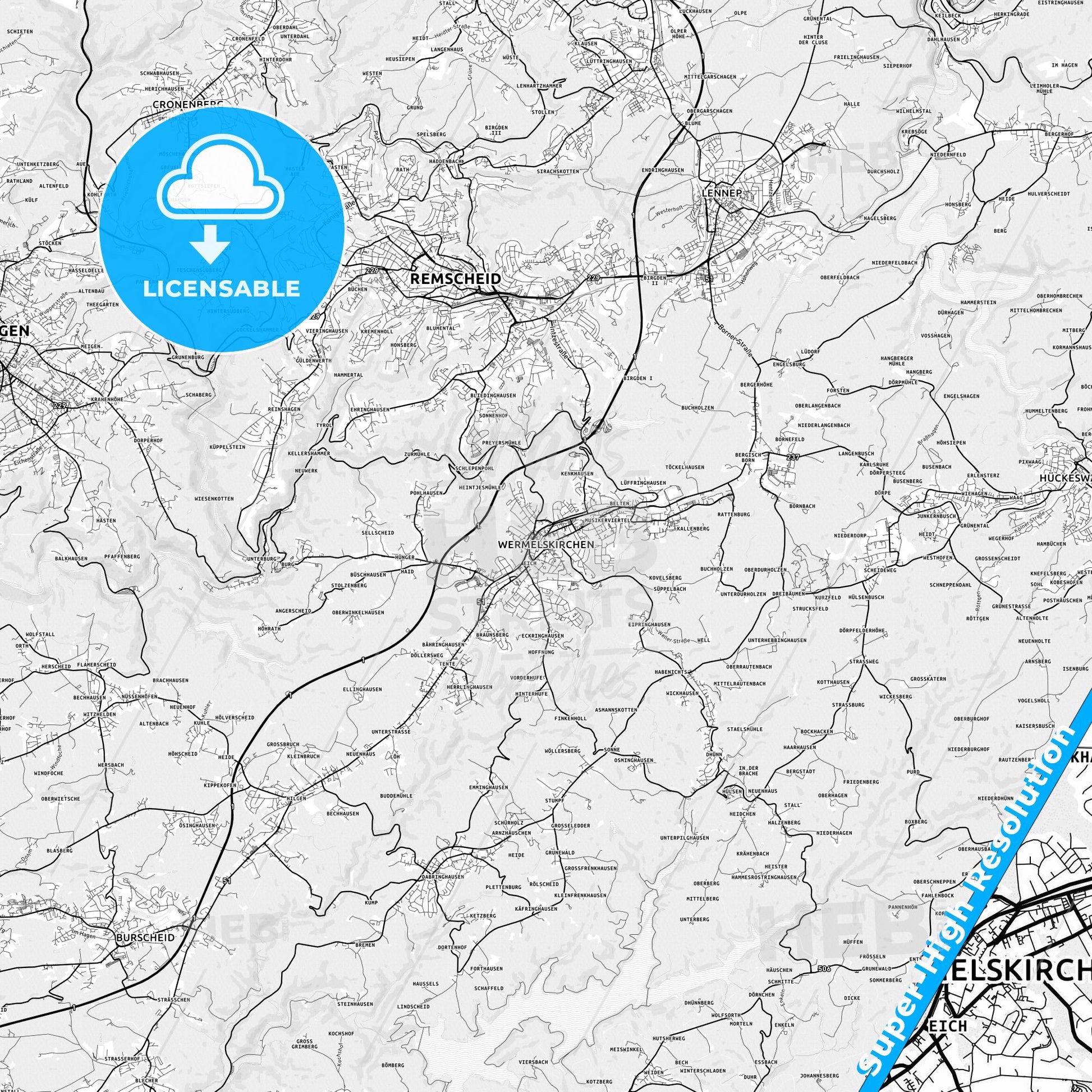 Wermelskirchen, Germany light map with streetnames, citynames and districts