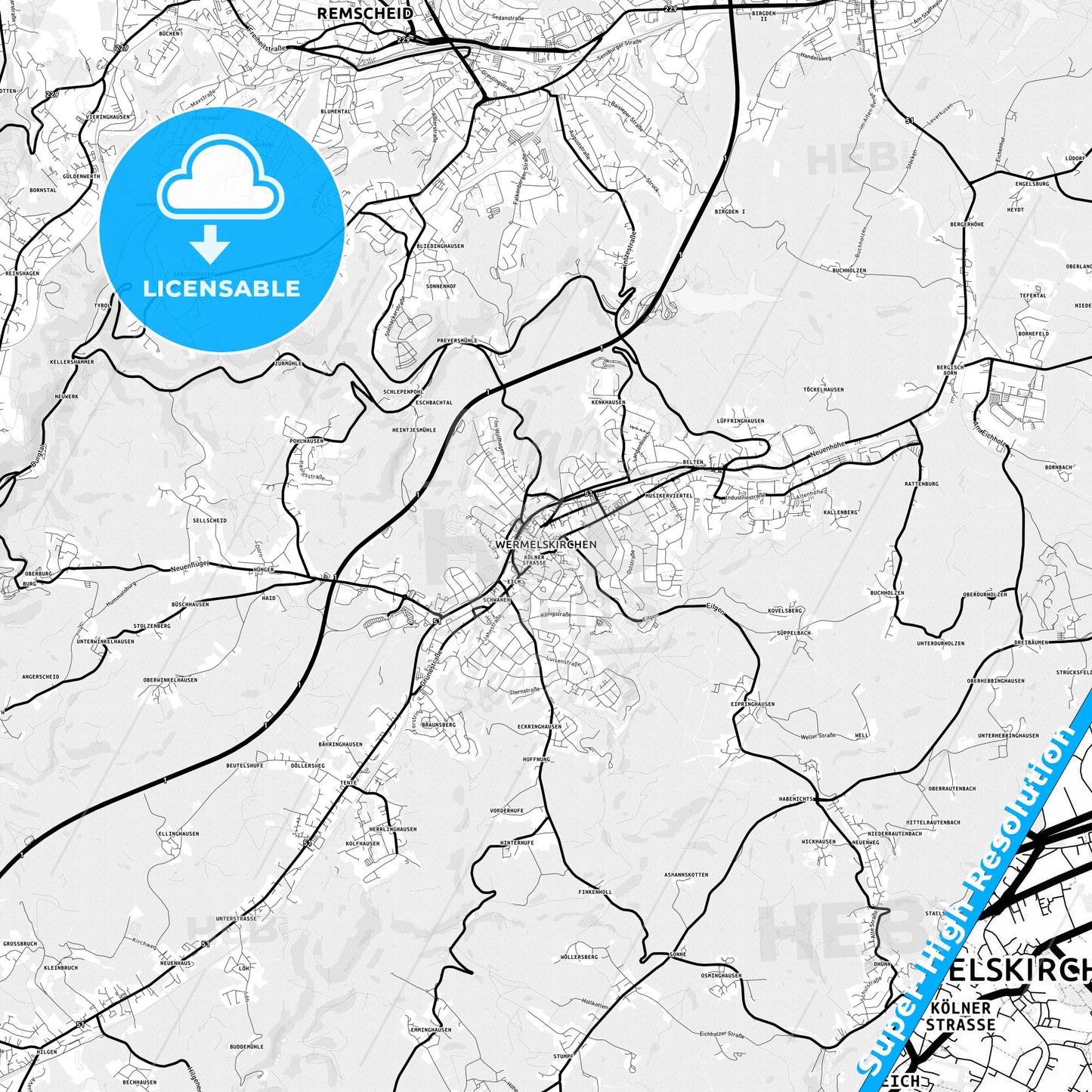 Wermelskirchen, Germany Light Map with Street Names, City Names, and Districts