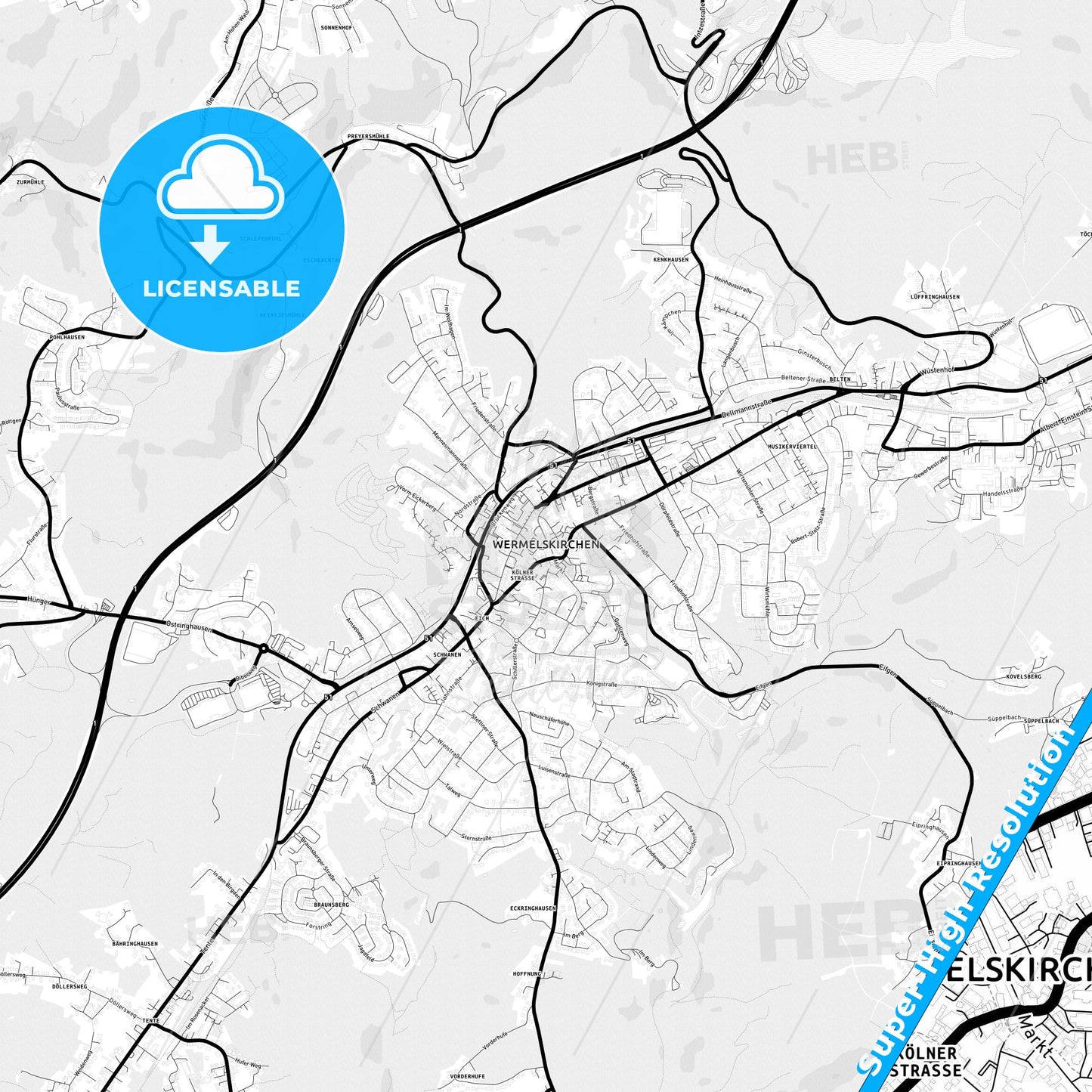 Wermelskirchen, Germany Light Map with Street Names, City Names, and Districts