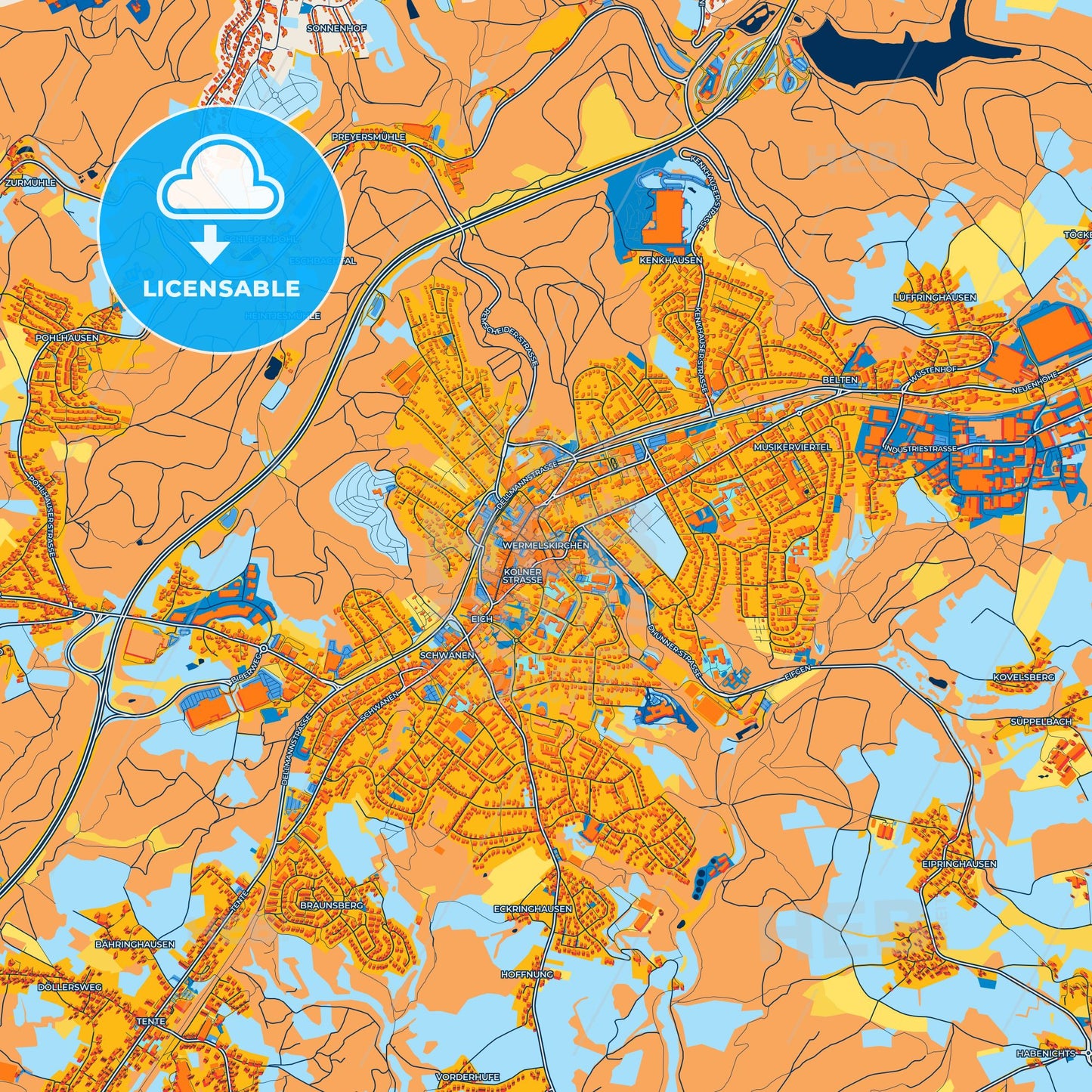 Colorful Wermelskirchen Street Map with Labels and Buildings