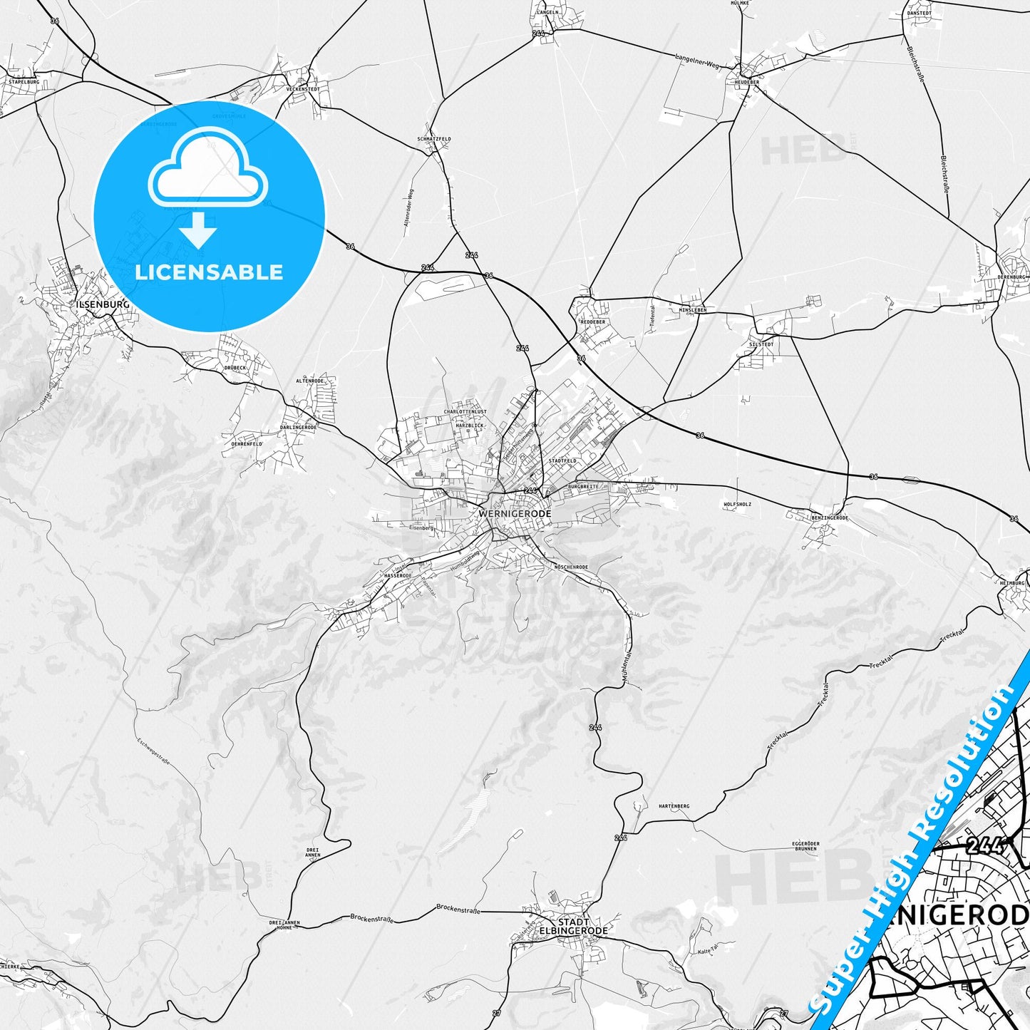 Wernigerode, Germany light map with streetnames, citynames and districts