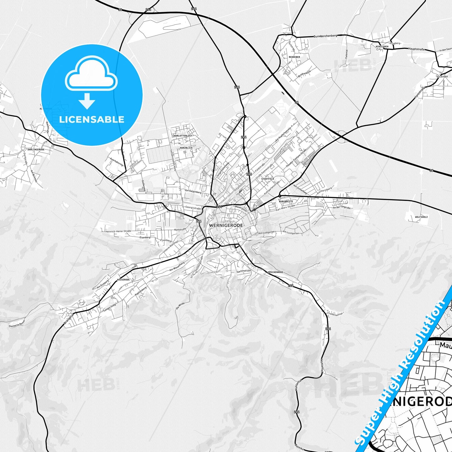 Wernigerode, Germany Light Map with Street Names, City Names, and Districts