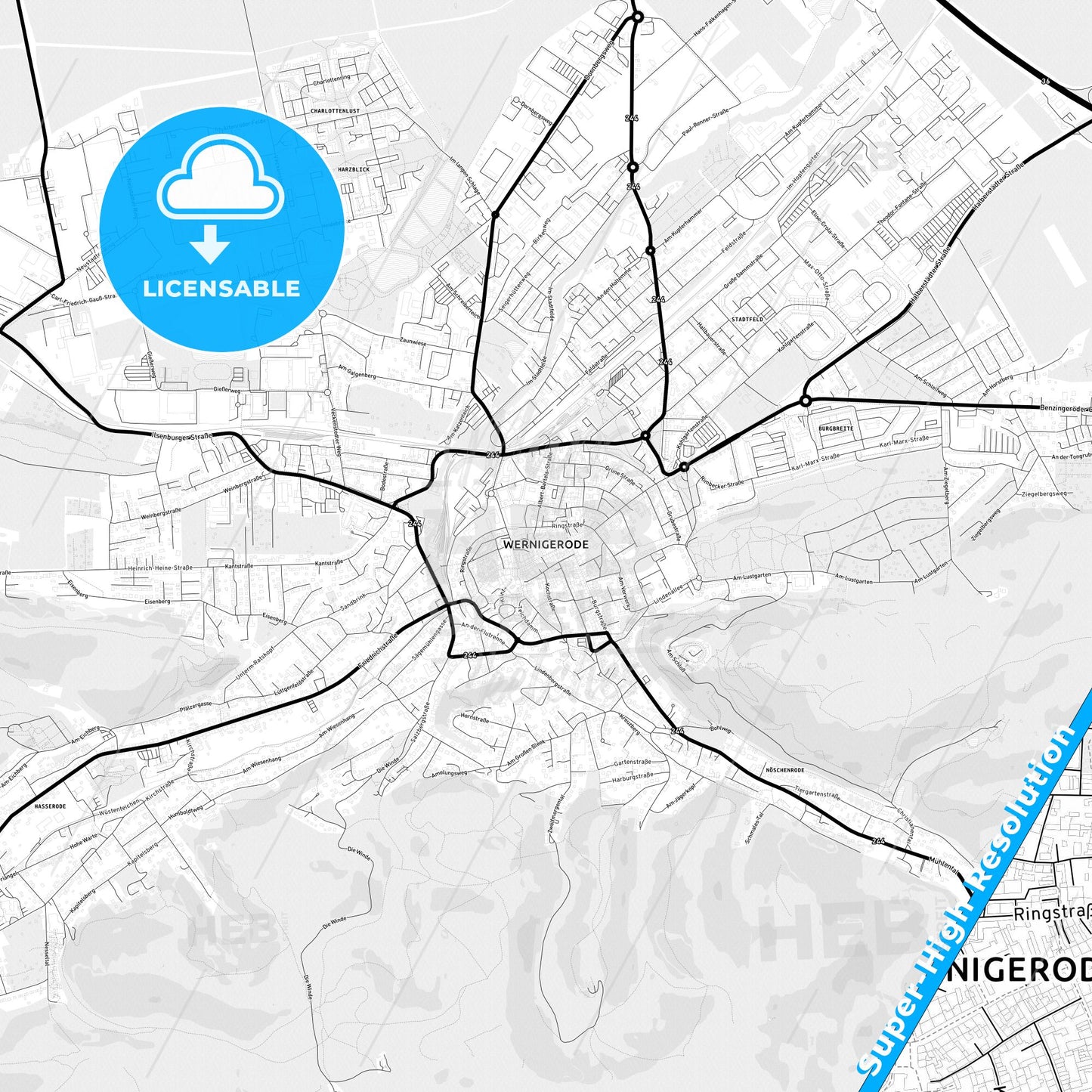 Wernigerode, Germany Light Map with Street Names, City Names, and Districts