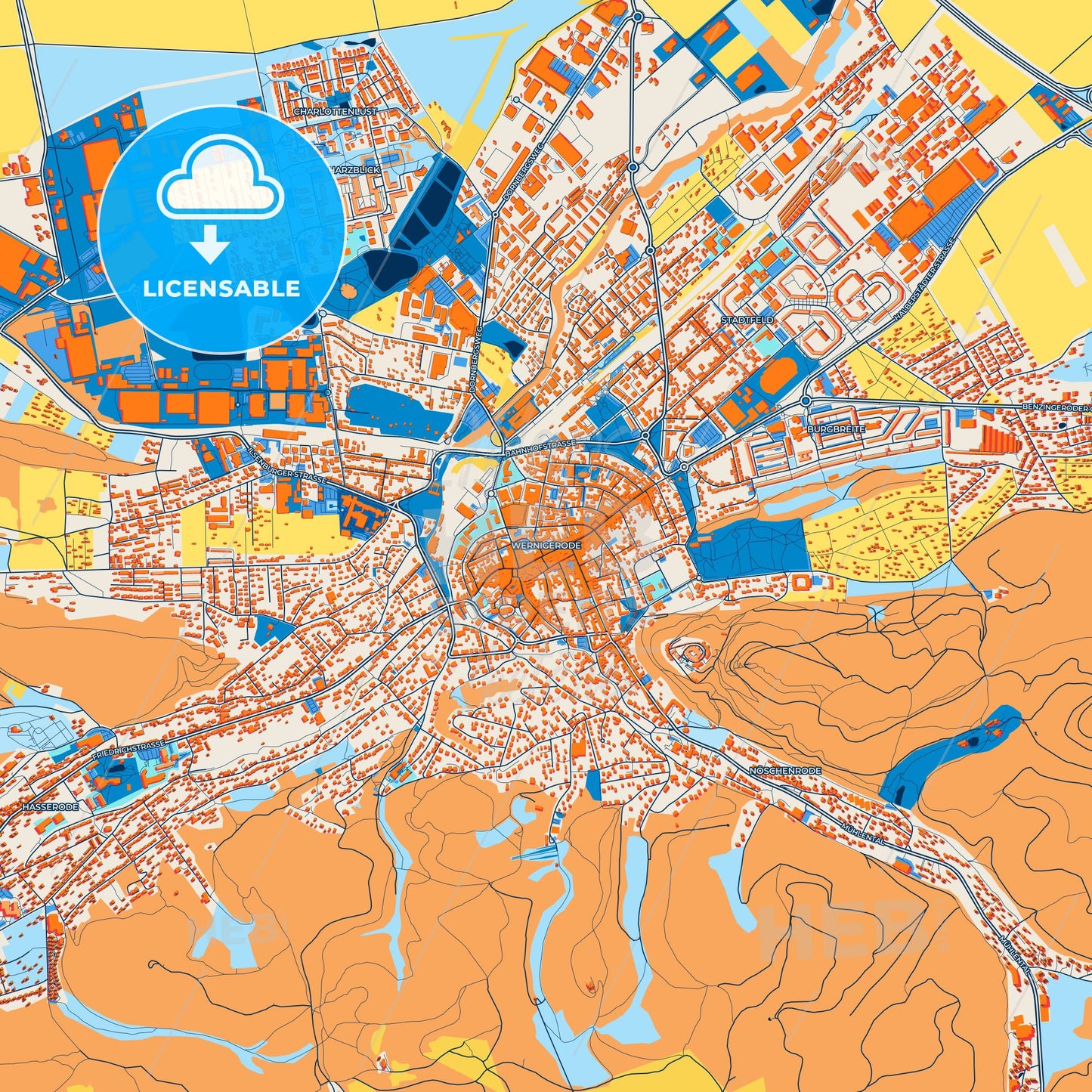 Colorful Wernigerode Street Map with Labels and Buildings