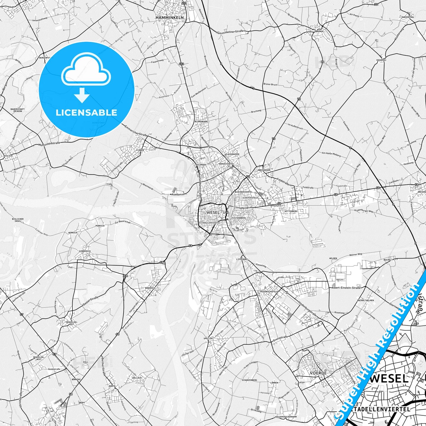 Wesel, Germany light map with streetnames, citynames and districts
