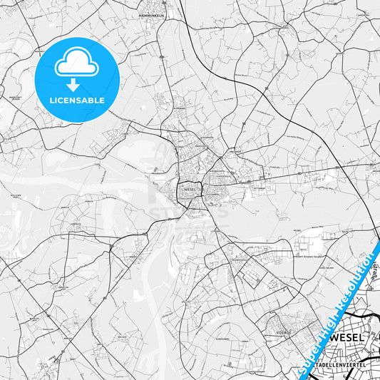 Wesel, Germany light map with streetnames, citynames and districts