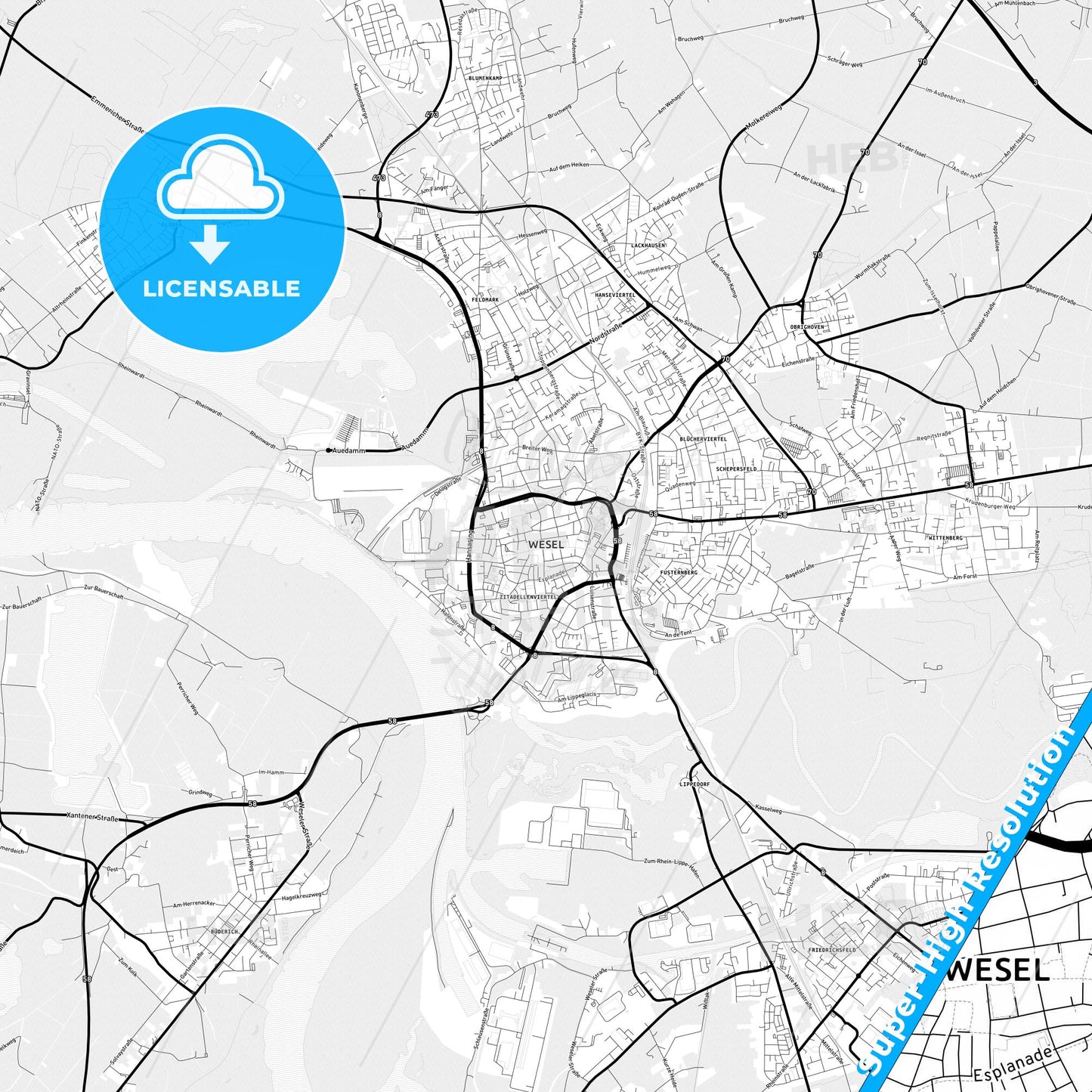 Wesel, Germany Light Map with Street Names, City Names, and Districts
